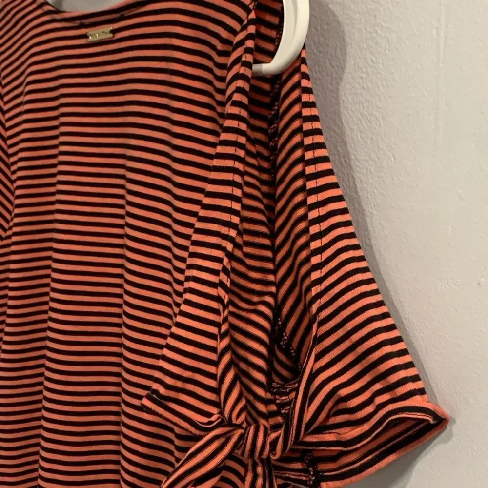 Michael Kors Salmon and Black Striped V-Neck Tee